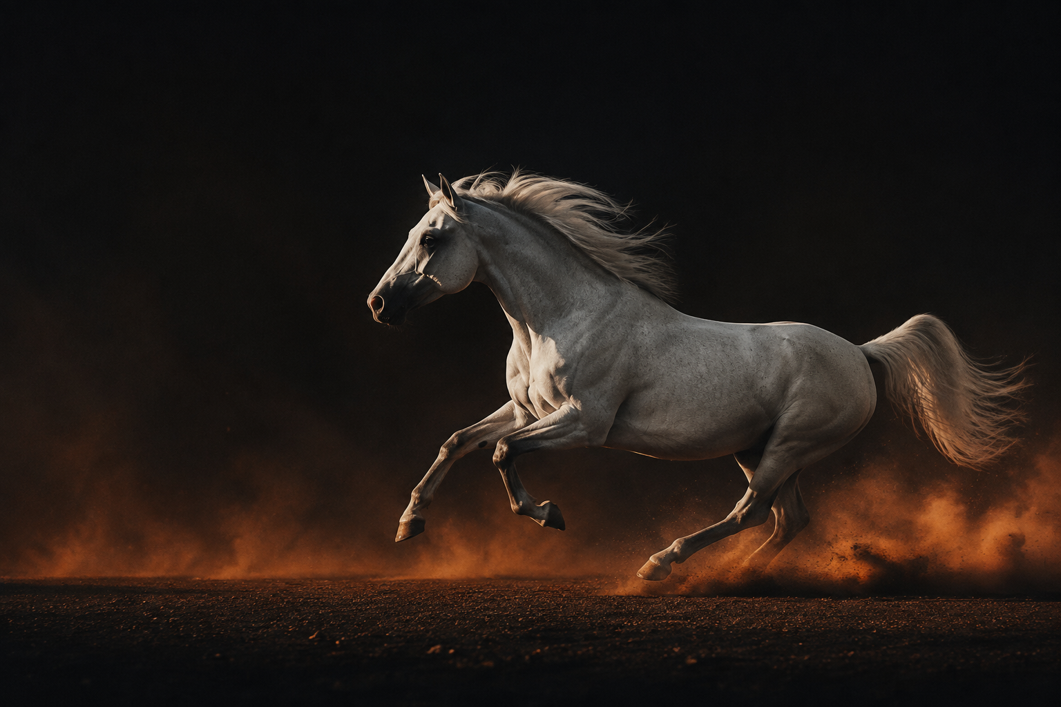 A pale grey horse galloping through warm orange dust